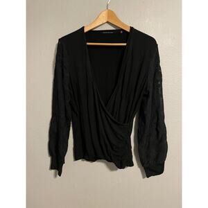 Elie Tahari Womens Top XL Black Faux Wrap Floral Lace Sleeves Stretch Whimsigoth